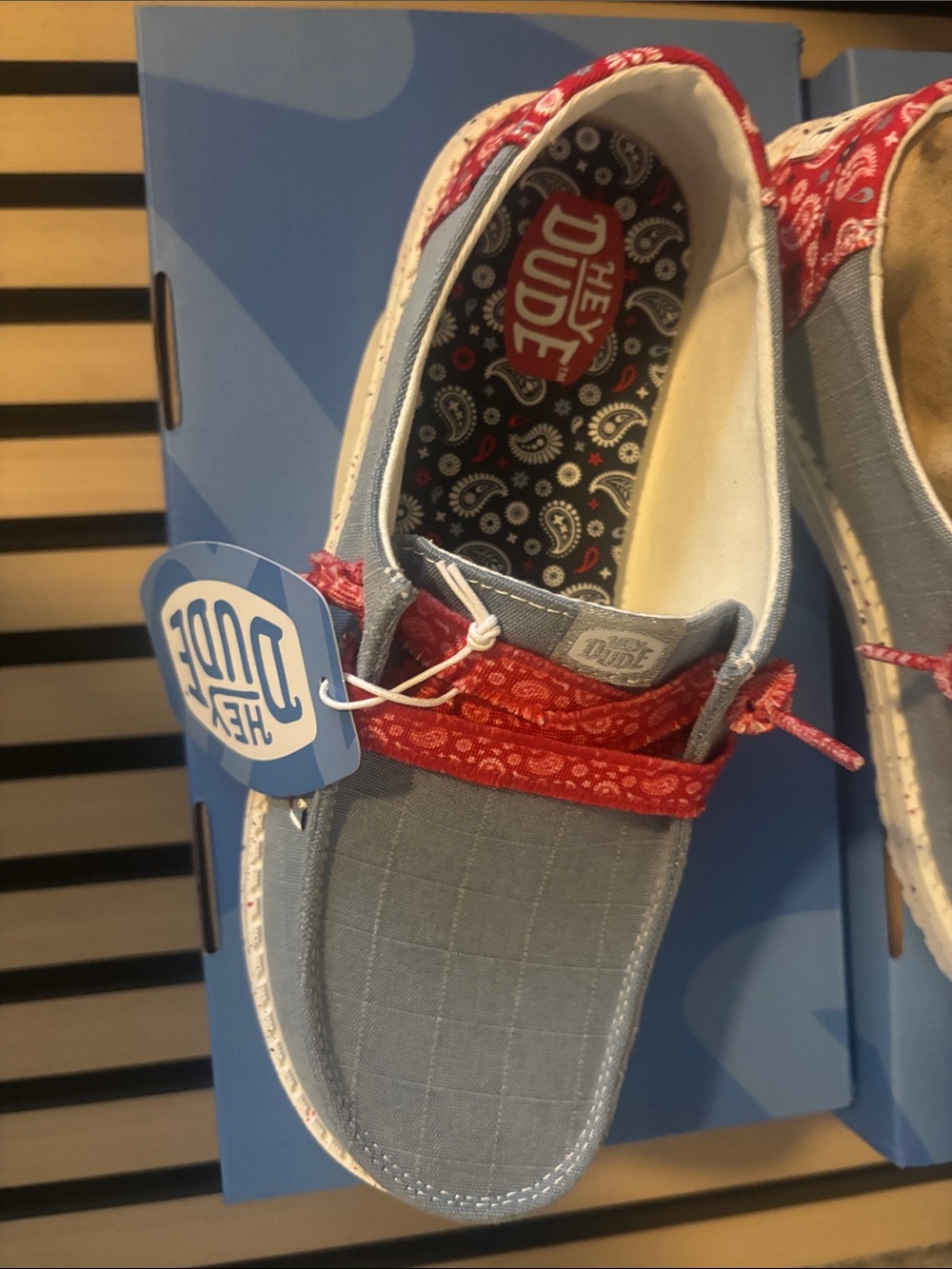 Hey Dude Light Blue Slip-On Sneakers with Red Bandana Accents - Picture 7 of 7